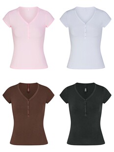 美国代购SKIMS卡戴珊 NEW VINTAGE系列V领纽扣亨利短袖T恤上衣