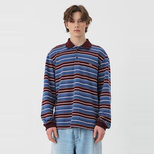 代购GROVE 韩国 杨采钰同款 宽松休闲百搭条纹撞色长袖T恤polo衫