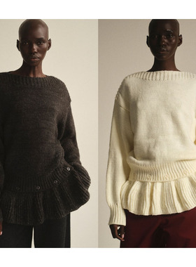 美国代购Source unknown套头拼接荷叶边可拆卸粗帮线宽松毛衣