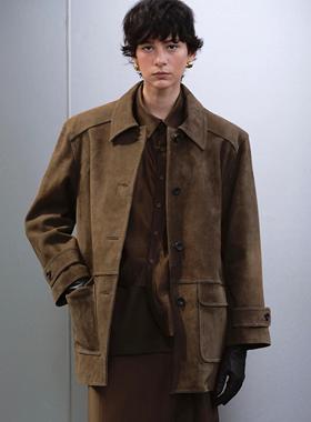 Source Unknown 复古单排扣立领宽松廓形中长款真皮外套女