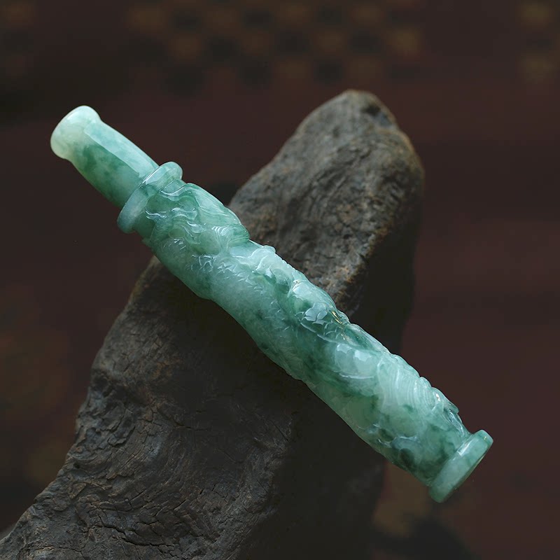 飘蓝花翡翠烟嘴生肖龙柱糯冰种缅甸玉石天然A货证书 089