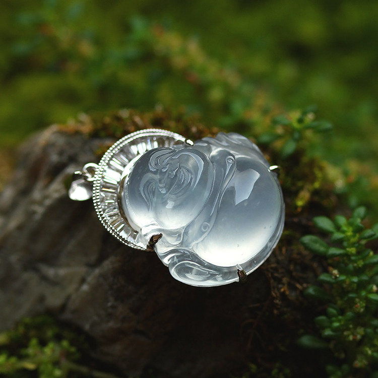 白冰种翡翠弥勒佛公挂件木那缅甸玉石吊坠18k金钻天然a货证书0561