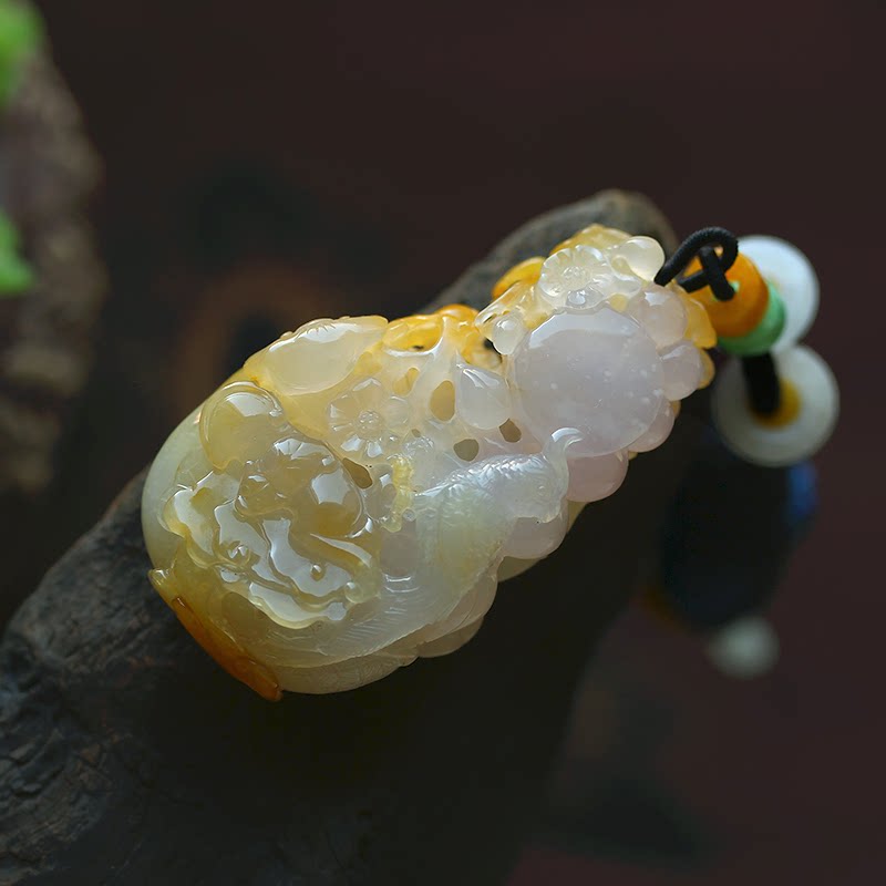 紫黄红春翡翠大挂件花鸟吊坠缅甸玉石花好月圆天然A货珠宝证书221