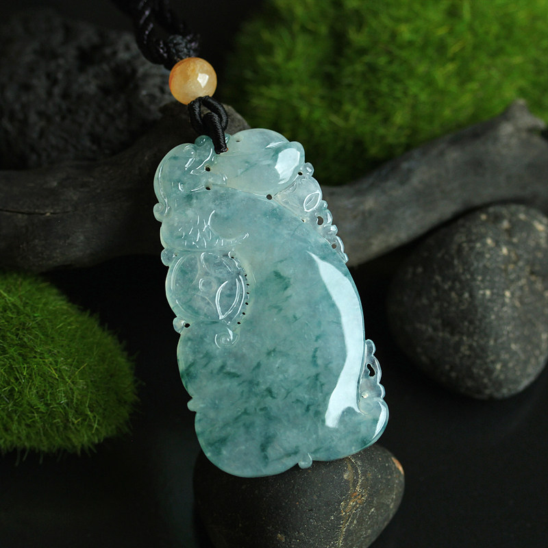 糯冰种蓝飘花翡翠如意貔貅挂件吊坠缅甸玉石天然A货珠宝首饰 0296