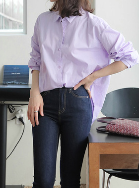 现货！韩版女装早春纯色宽松简约休闲长袖通勤常纽扣衬衫G10936