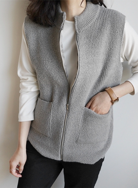 现货！女装新款春秋季纯色无袖拉链圆领百搭简约针织马甲G10855