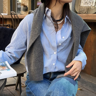 LSD休闲风蓝色条纹衬衫女长袖宽松设计感小众通勤衬衣