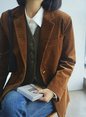 LSD秋冬美拉德灯芯绒小西装西服宽松条绒复古上衣金扣外套上衣