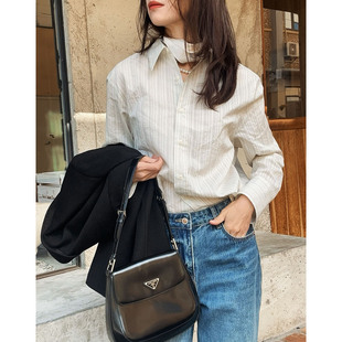 女POLO领直筒宽松设计感上衣桑蚕丝衬衫 LSD精品气质条纹长袖 衬衫