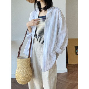 LSD设计2025春夏新款棉麻条纹衬衫女宽松显瘦长袖上衣显瘦防晒