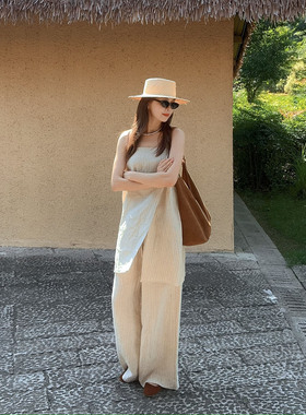 LIMESODA25春夏新款亚麻不对称条纹吊带上衣女海边度假背心连衣裙