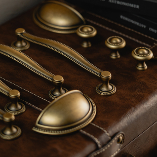 古铜色黄铜柜门拉手橱柜衣柜门抽屉柜子复古贝壳法式 复古纯铜把手