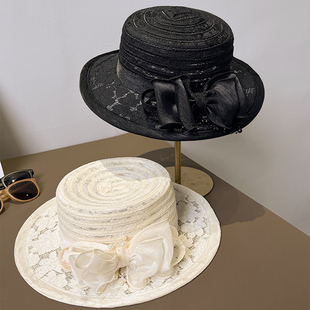 秋冬法式黑色赫本风毛呢复古蝴蝶结平顶礼帽女款蕾丝出游大帽檐潮