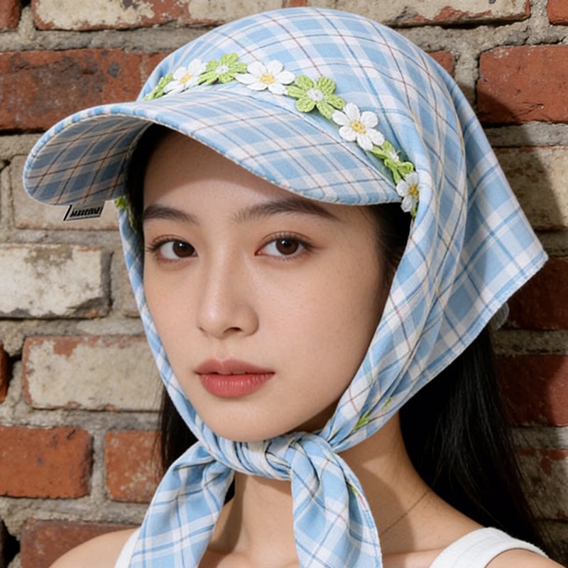 韩系蓝格绑带遮阳防晒鸭舌帽女