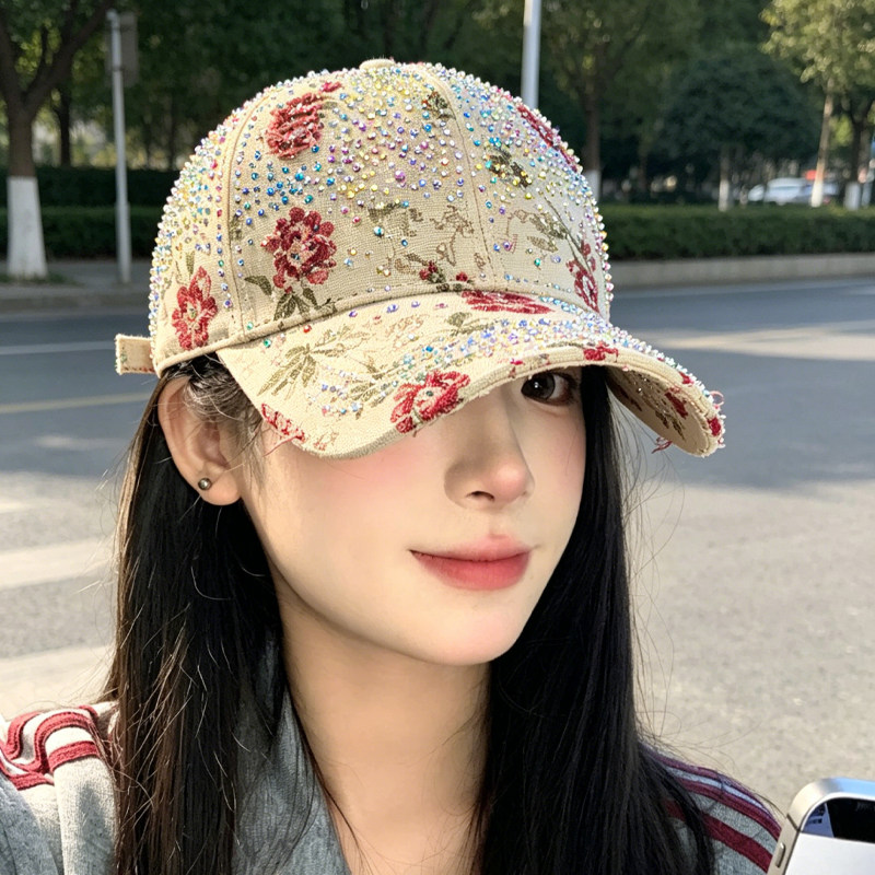 帽子女款2026新款复古玫瑰印花棒球帽四季户外大头围硬顶鸭舌帽