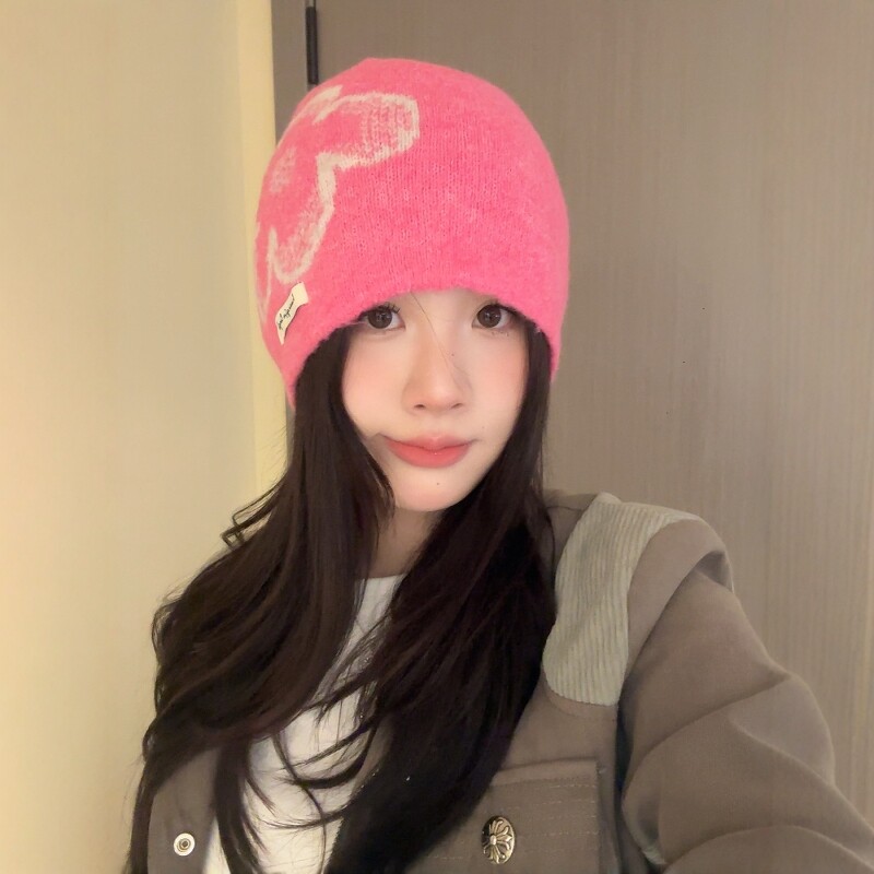 韩版时尚简约花朵针织冷帽女冬