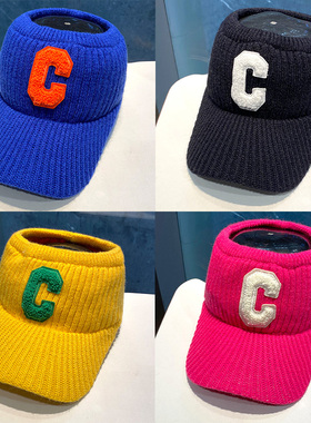 帽子女秋冬毛线空顶帽女C标黑色鸭舌帽加绒针织保暖扎马尾棒球帽