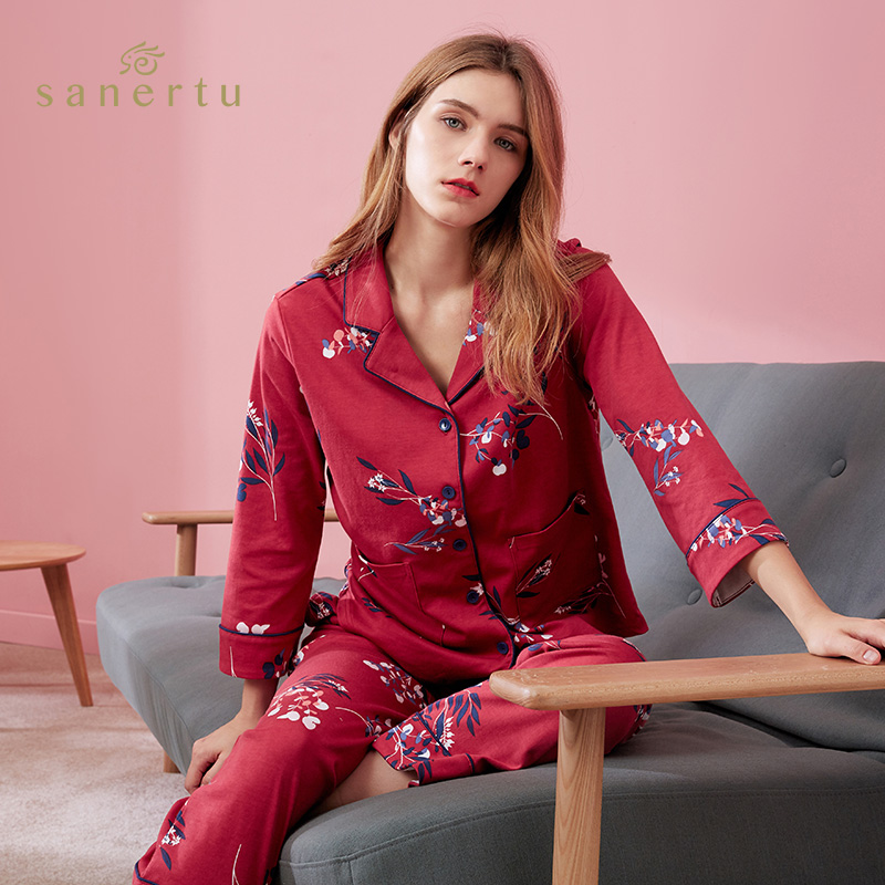 三耳兔女士纯棉睡衣春秋长袖开襟全棉印花时尚休闲秋冬家居服套装