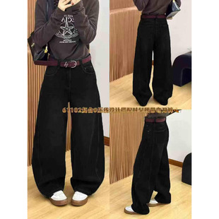 压线黑色阔腿裤 拖地牛仔裤 女2025年冬季 E野视角加绒加厚弯刀裤