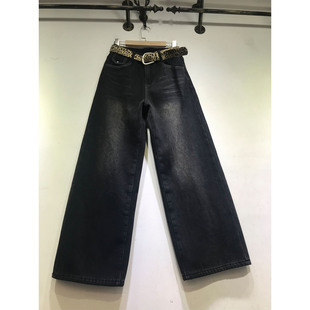 黑灰色直筒裤 拖地牛仔裤 61135 女2025冬季 E野视角加厚复合绒阔腿裤