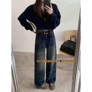 满天星烫钻阔腿裤 拖地牛仔裤 女2025年冬季 E野视角加绒加厚弯刀裤