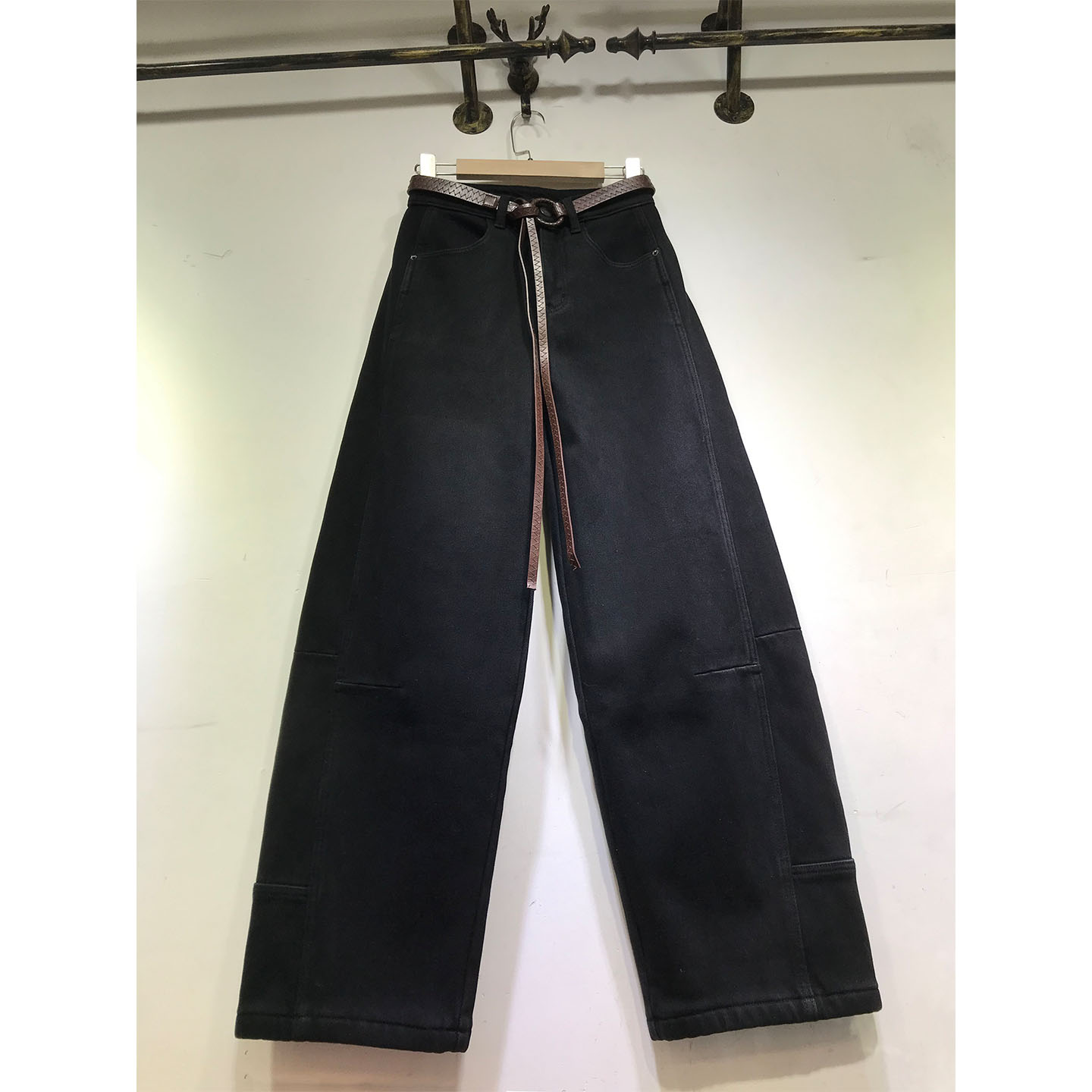 加厚复合绒弯刀裤女黑色牛仔长裤