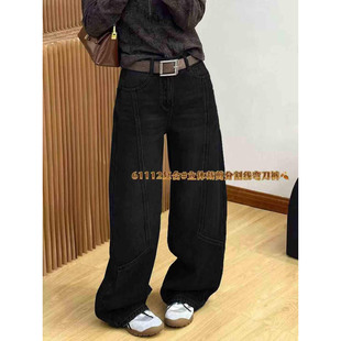 分割线黑色阔腿裤 拖地牛仔裤 女2025冬季 E野视角加厚复合绒弯刀裤