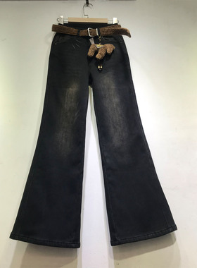 E野视角加厚复合绒微喇叭裤女2025冬季黑灰色牛仔裤抓痕长裤8627