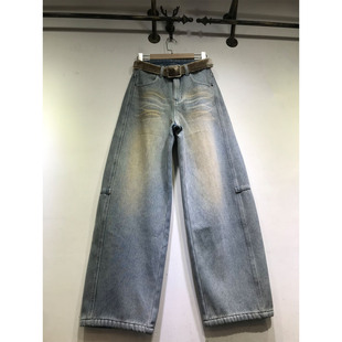 61128 2025复古无弹力阔腿裤 E野视角加厚复合绒弯刀裤 女拖地牛仔裤