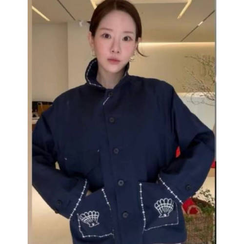 韩国小众品牌MUSED亚麻贝壳刺绣工装夹克外套