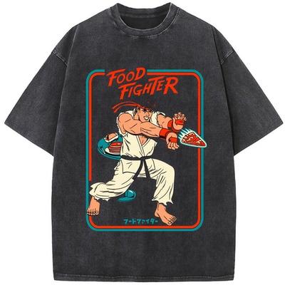 1351“FOOD FIGHTER” 趣味文字短袖 T 恤 日常休闲风宽松上衣