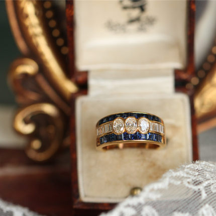 翎舞珠宝 18k金钻石蓝宝石排戒日本vintage珠宝孤品