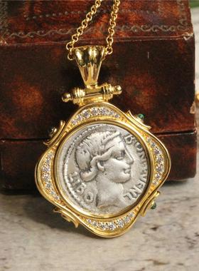 【好运】陶然物语925银镀金仿古罗马好运银币吊坠项链时尚女