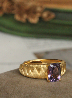 925纯银镀金意大利拉丝工艺天然紫水晶开口戒指可调节