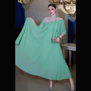 Women's Dress 高级感法式圆领溜肩袖压褶钉花宽松乔其连衣裙飘逸
