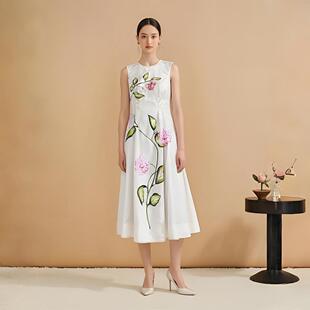 舒适棉无袖圆领收腰中长款印花连衣裙夏日清新时尚