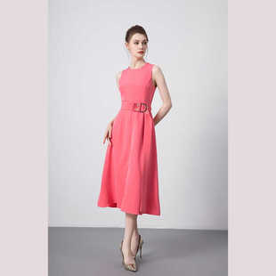 欧洲站减龄少女粉气质束腰伞形连衣裙 =中长连衣裙A字裙摆背心裙