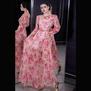 Women's Dress 170+高个子入粉色圆领长袖印花连衣裙长裙飘逸长款