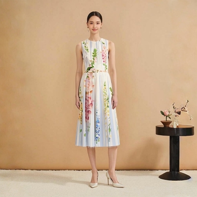 法式水彩花卉收腰纯棉连衣裙