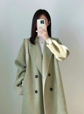 秋冬装韩系高级感赫本风显瘦呢子大衣绿色小个子毛呢外套女中长款