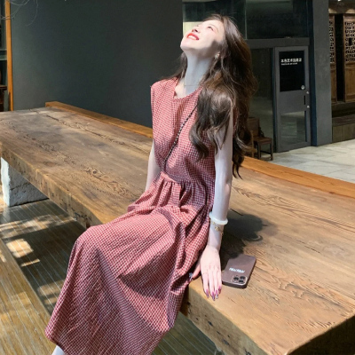 法式红色格纹无袖背心连衣裙