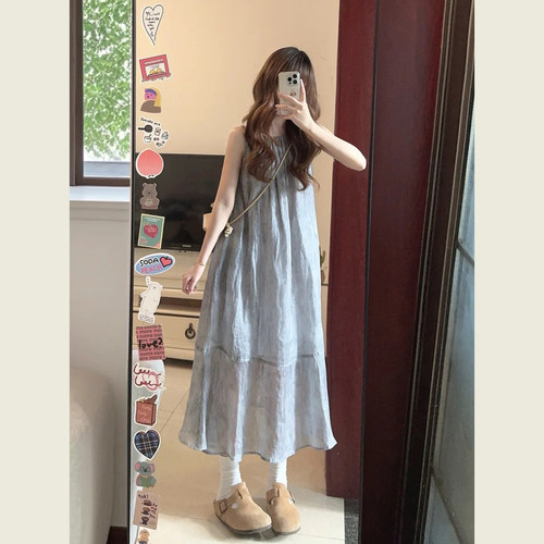 月影灰慵懒松弛感无袖A字连衣裙