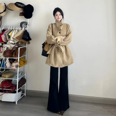 复古卡其色立领毛呢外套