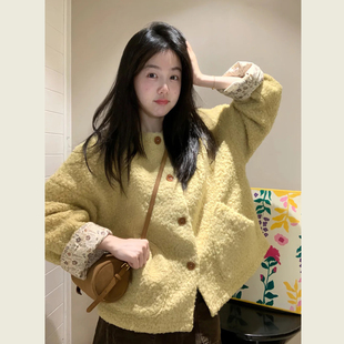 复古黄碎花拼接长袖毛呢外套女冬季小个子宽松休闲圈圈毛呢大衣