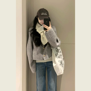 法式赫本风灰色圆领毛呢外套女秋冬季小个子休闲短款呢子上衣