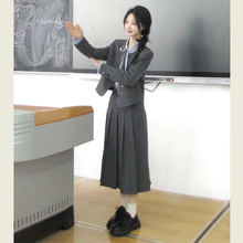 灰色西装套装女秋季新款小个子通勤面试正装休闲西服百褶裙两件套