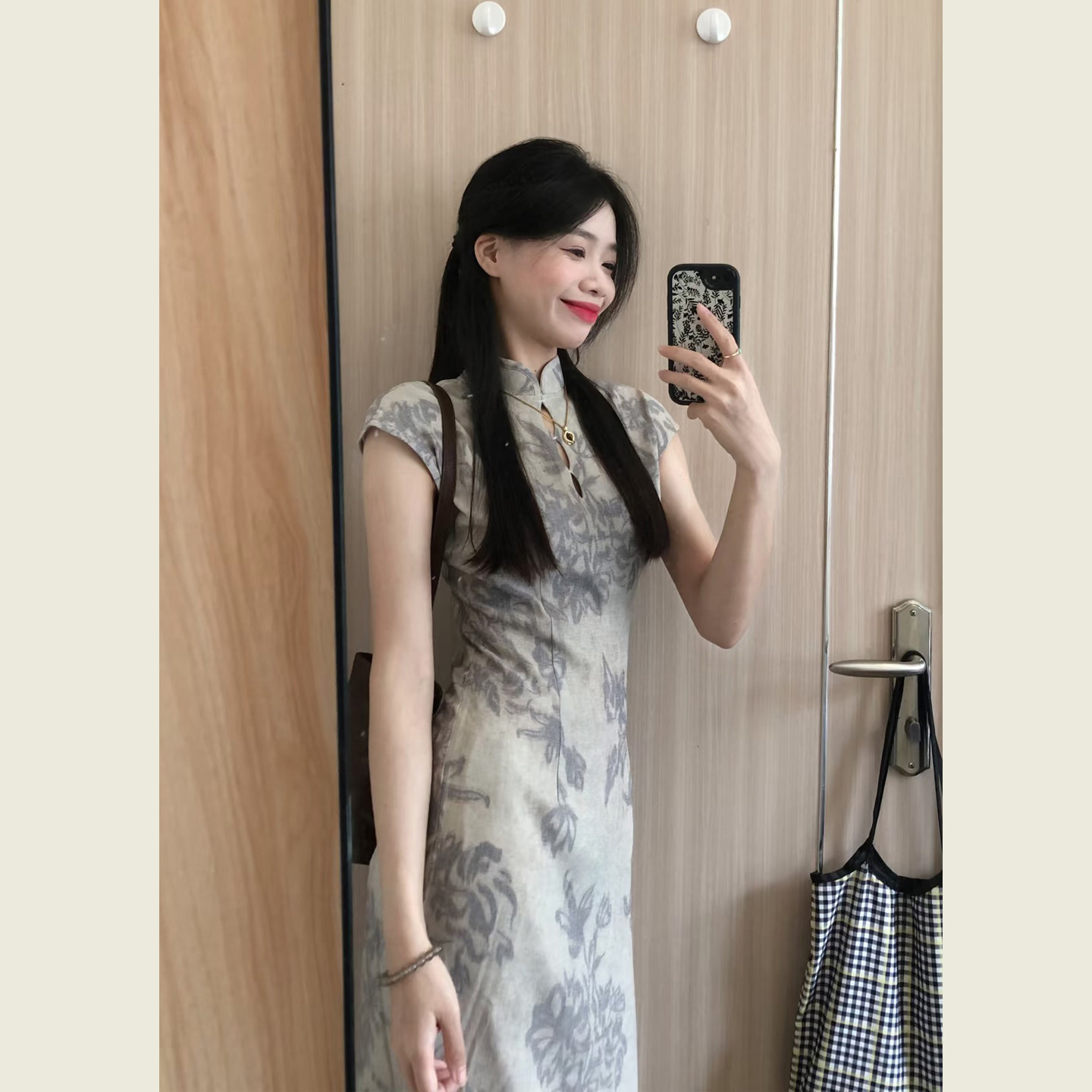 复古紫灰色立领改良旗袍连衣裙女夏季新中式国风修身显瘦印花长裙