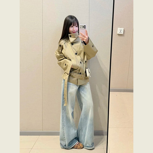 英伦风卡其色立领双排扣风衣