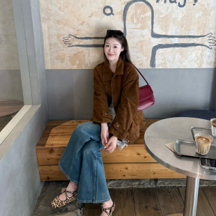 复古通勤风驼色翻领廓形皮夹克女春秋季老钱风宽松显瘦休闲外套