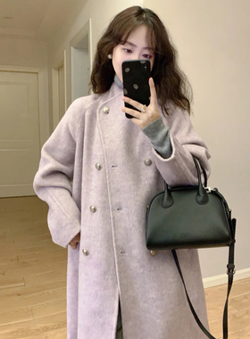 温柔风紫色立领呢子大衣女秋冬季韩系小个子高级感中长款毛呢外套